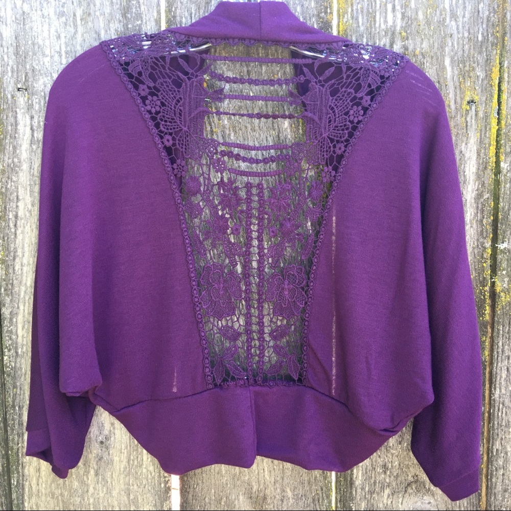 Oatt U.S.A. Crocheted Open Back Purple Shrug Large
